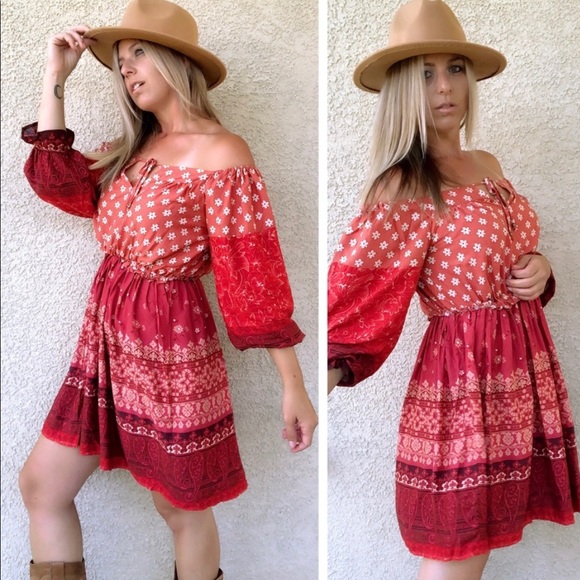 New! Clearance 🔥 Desert Red Boho Off theShoulders Ruffle Dress - Picture 3 of 15